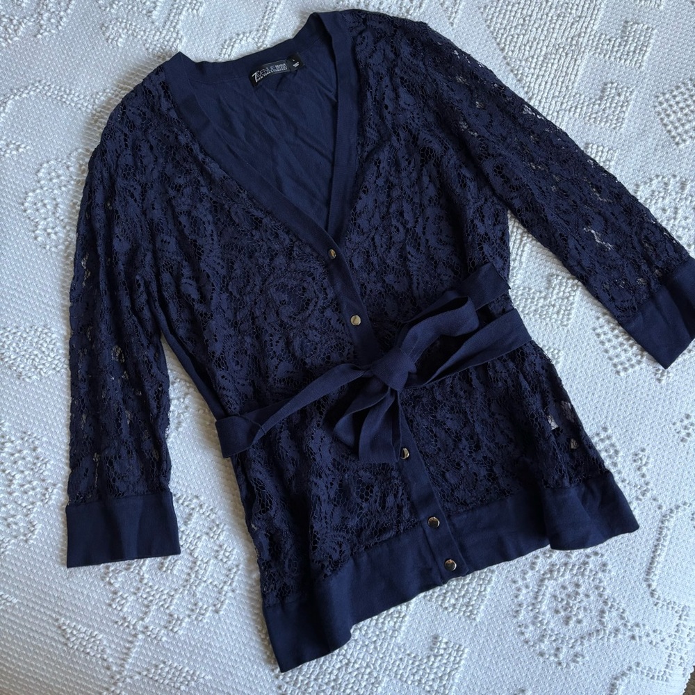 New York & Company women’s size large navy lace front‎ button front cardigan